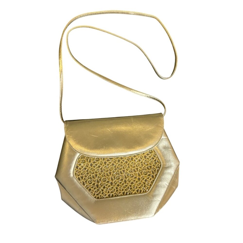 Vintage Stuart Weitzman Gold Evening Bag Embellished Lace Overlay Rhinestone